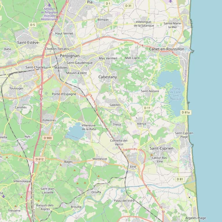 Carte du Roussillon : Bages au sud de Perpignan, entre la plaine et la Méditerranée.